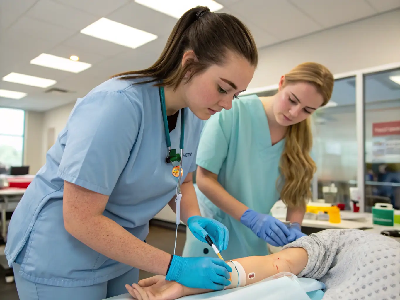 A nurse administering IV therapy to a patient in a home setting with medical supplies, illustrating AbleCare Home Health's Acute Care & IV Therapy services.