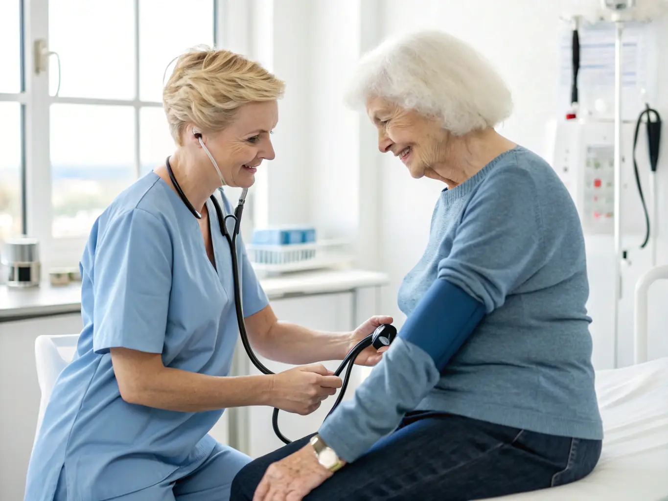 A licensed nurse checking a patient's vitals in a home setting with medical equipment, showcasing AbleCare Home Health's Skilled Nursing Services.