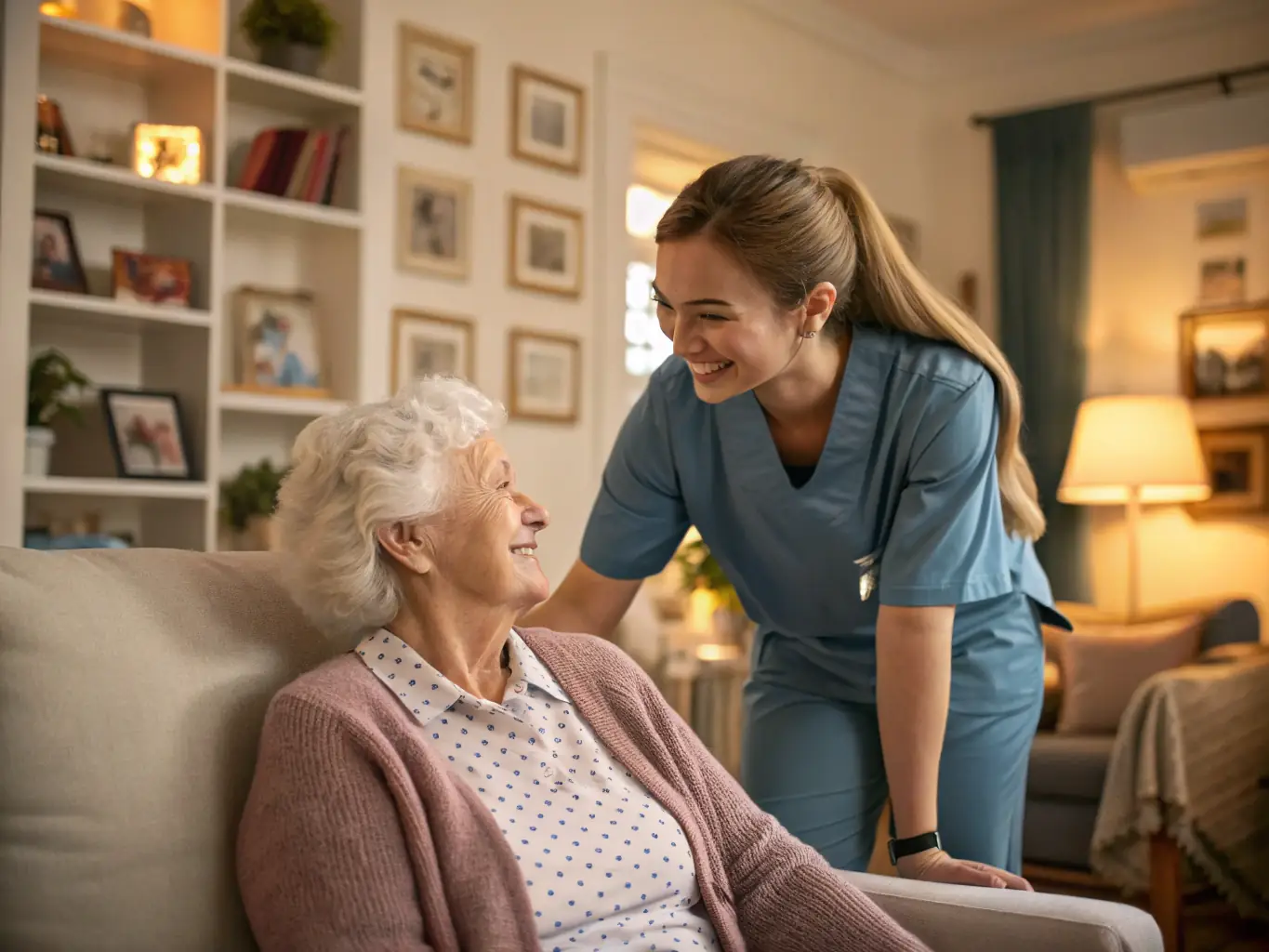 A caring caregiver assisting an elderly patient with daily activities in a cozy home setting, representing AbleCare Home Health's Personal Assistant Services.
