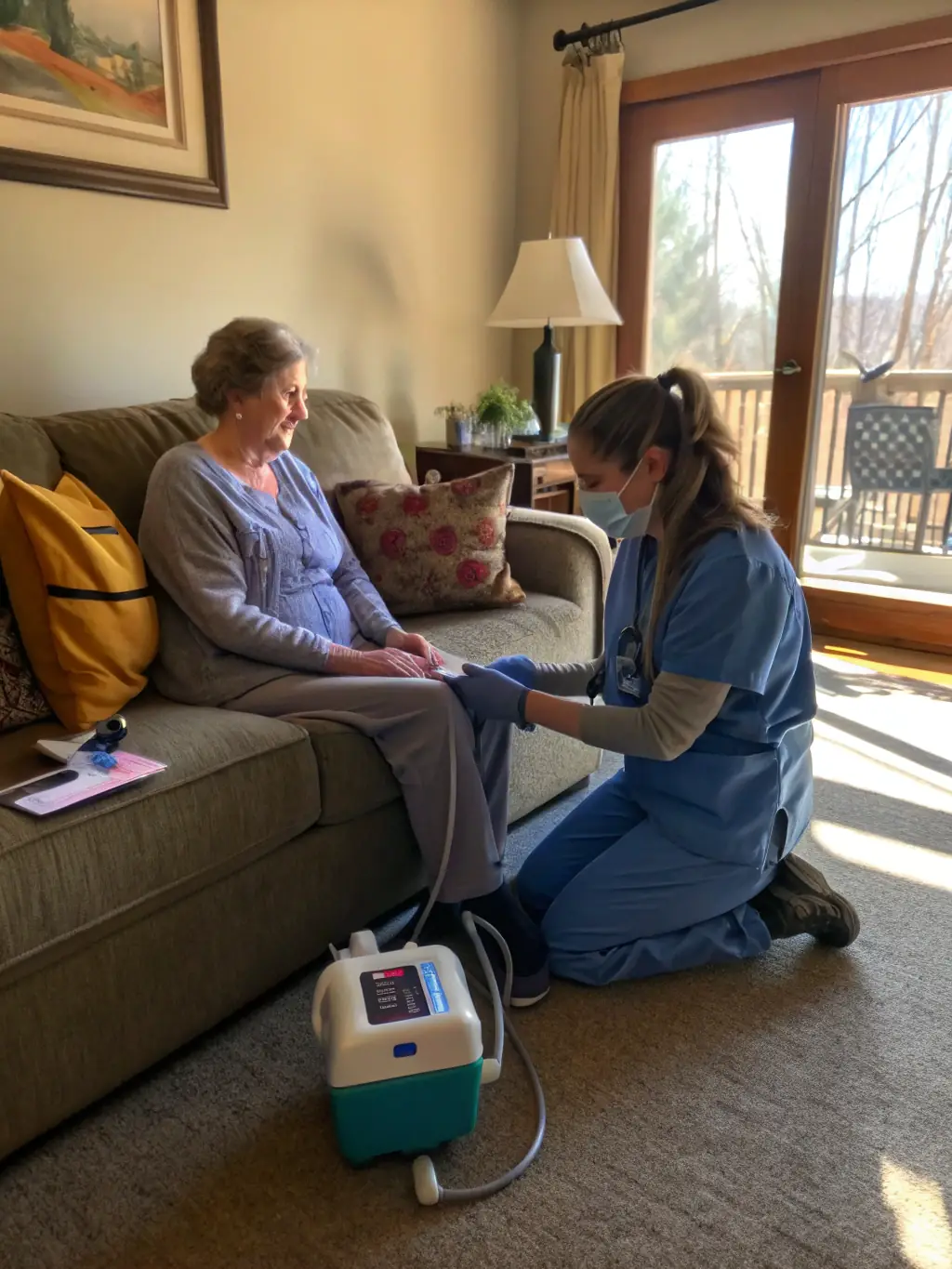 A nurse administering intravenous therapy to a patient in a comfortable home environment, highlighting safety and convenience.