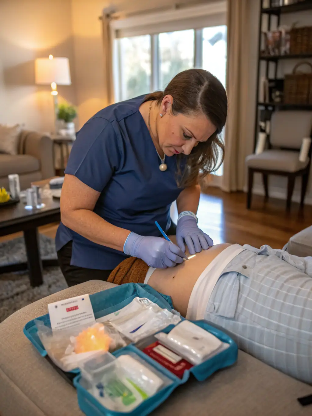 A skilled nurse gently changing a wound dressing for a patient at home, showcasing expertise and comfort.
