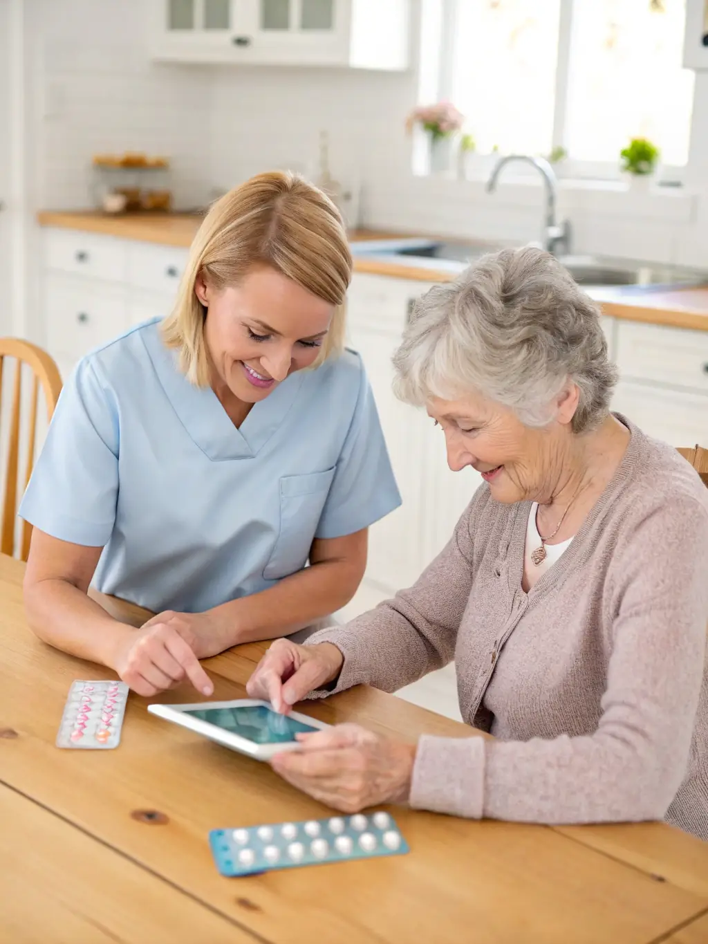 A compassionate caregiver assisting a senior patient with medication management in a cozy home setting, emphasizing personalized care.