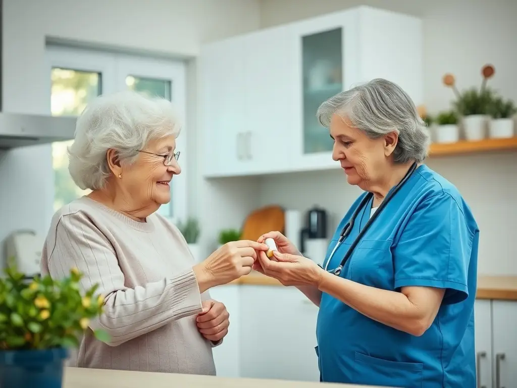 A compassionate nurse assisting a senior patient with medication management in a cozy home setting, symbolizing skilled nursing care provided by AbleCare Home Health.