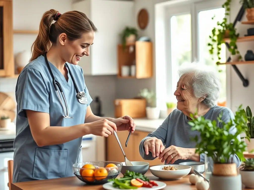 A friendly caregiver helping an elderly person with daily activities such as meal preparation and light housekeeping, representing personal assistance services offered by AbleCare Home Health.