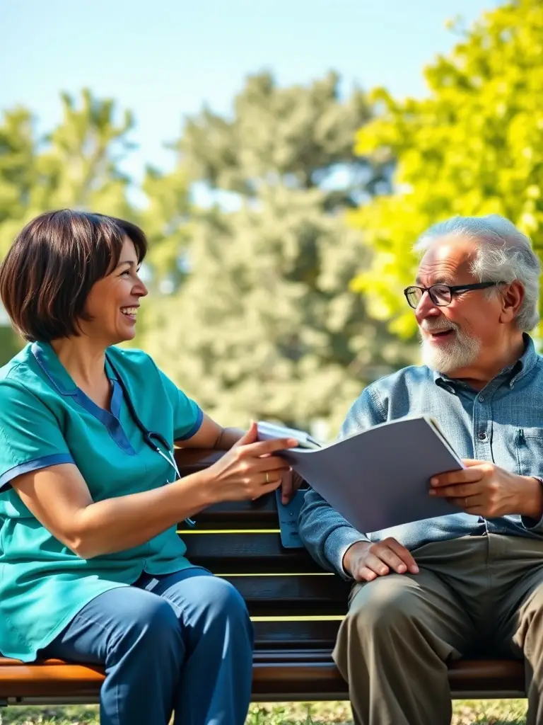 A happy senior citizen laughing with a caregiver in their garden, showcasing improved quality of life.