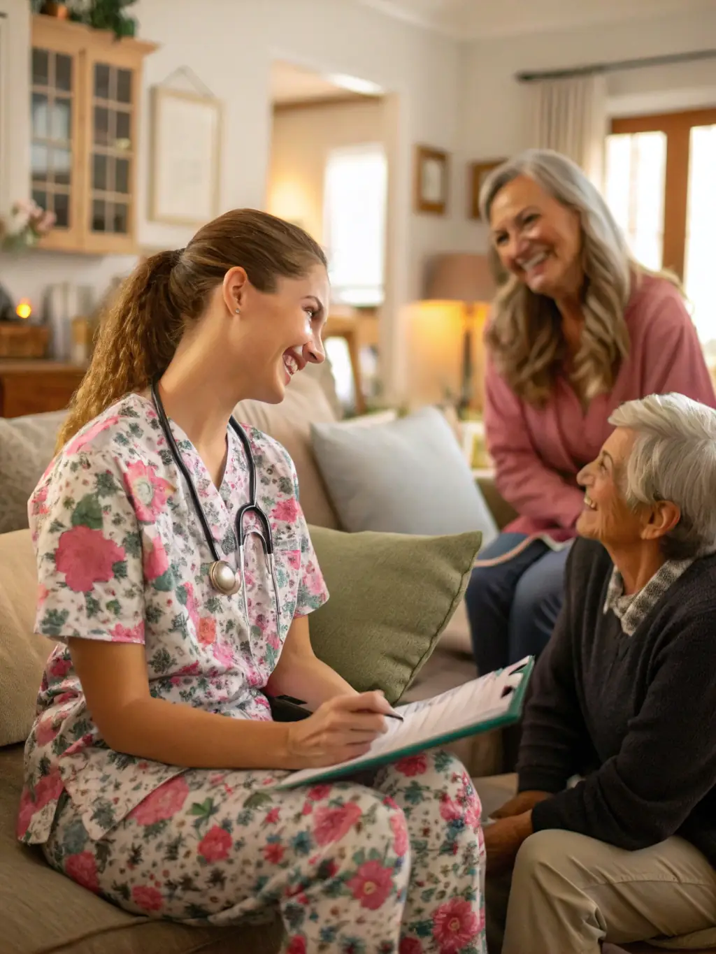 A family member smiling and talking with a nurse in a home setting, showing family involvement and support.