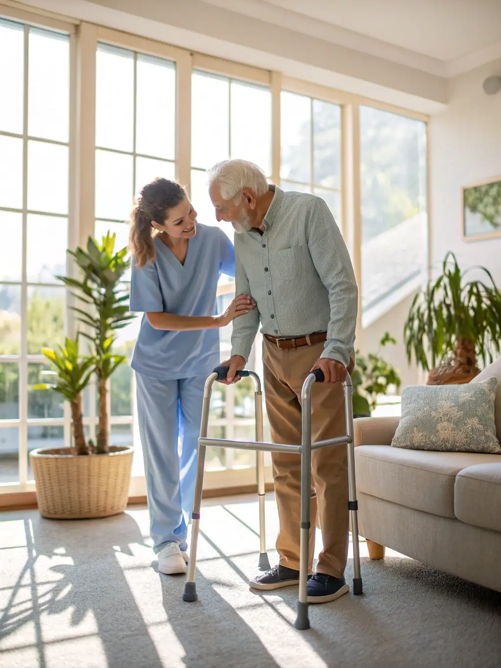 A skilled nurse gently assisting a patient with physical therapy exercises at home, highlighting professional expertise.
