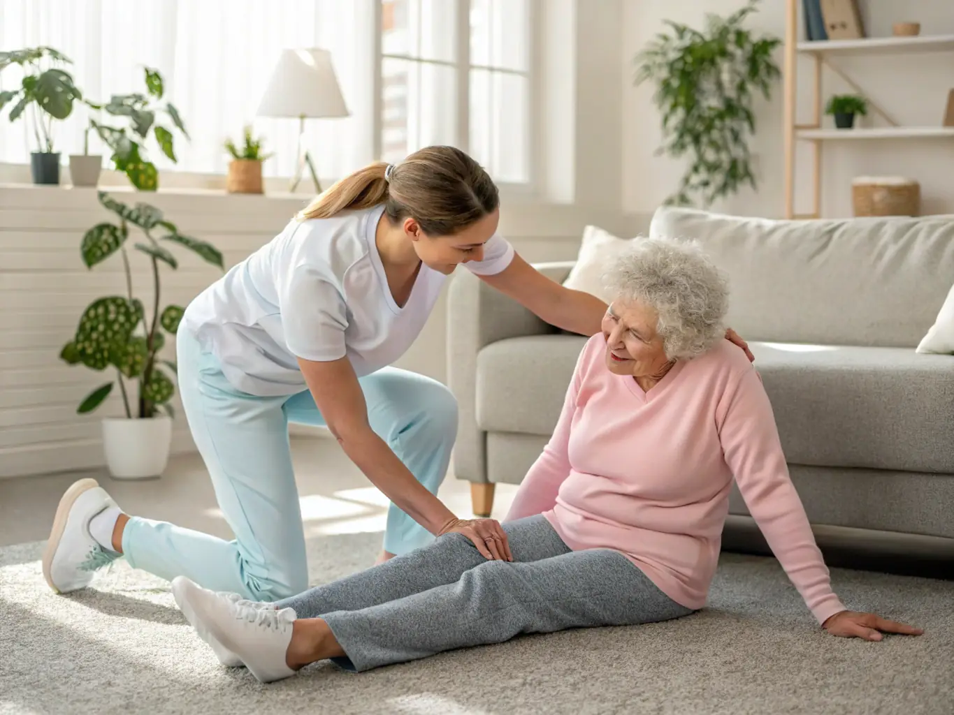 A physical therapist guiding a patient through exercises in a home environment, illustrating the specialized therapy services provided by AbleCare Home Health.