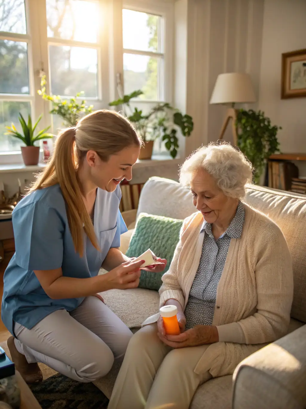 A compassionate caregiver assisting a senior with medication management in a sunlit living room, emphasizing personalized care.